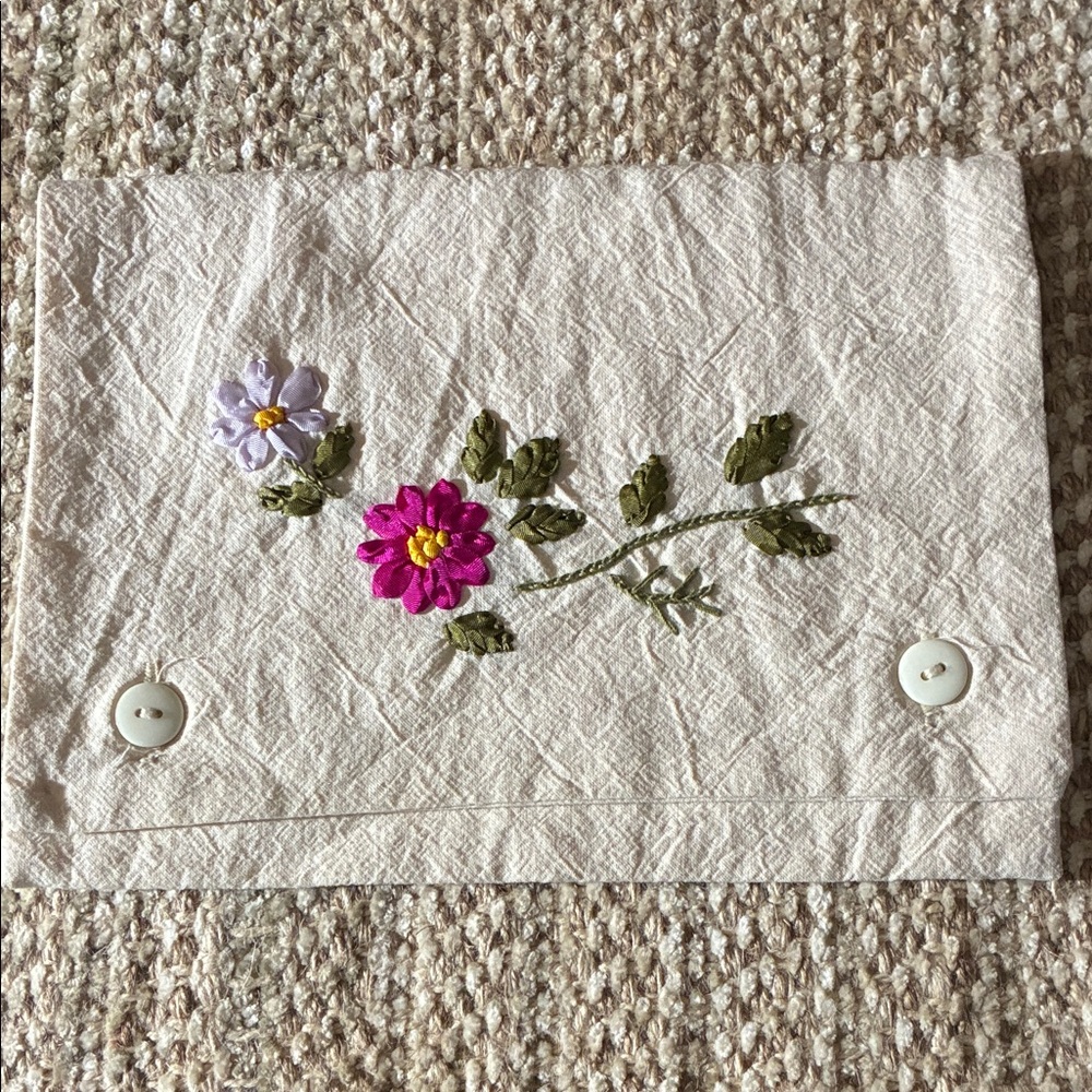 Hand-Embroidered Floral Clutch in Cream with Pink & Lavender Flowers